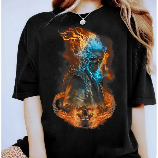 Discover Marvel Ghost Rider Flaming Chains City Unisex Adult T-shirt Kid Tee