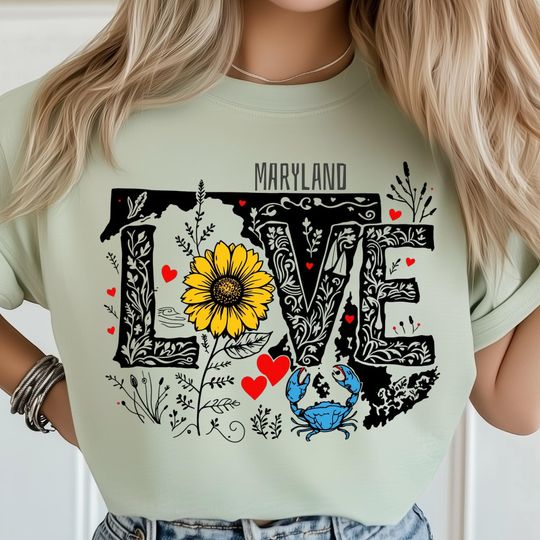 Discover Maryland State Love T-Shirt, Sunflower Heart Blue Crab Art