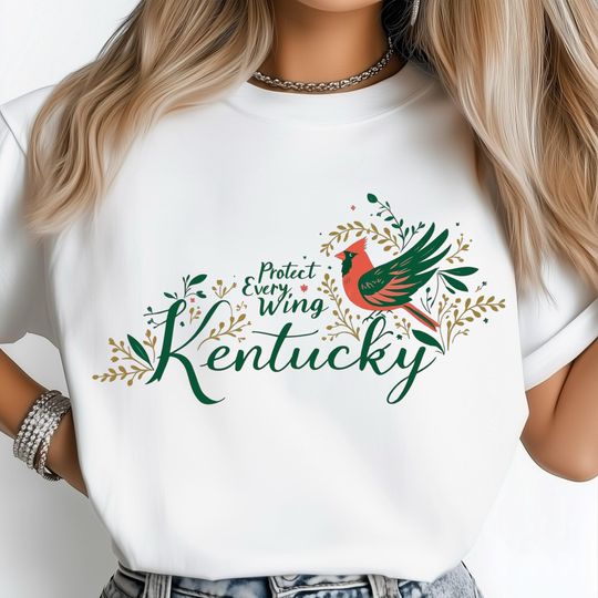 Floral Kentucky Map T-Shirt, Protect Every Wing Design, Cardinal Bird Wildlife Art