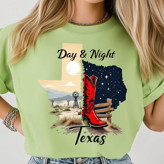 Discover Day And Night T-Shirt, Texas Cowboy Boot Art, Wild West Sunset Scene
