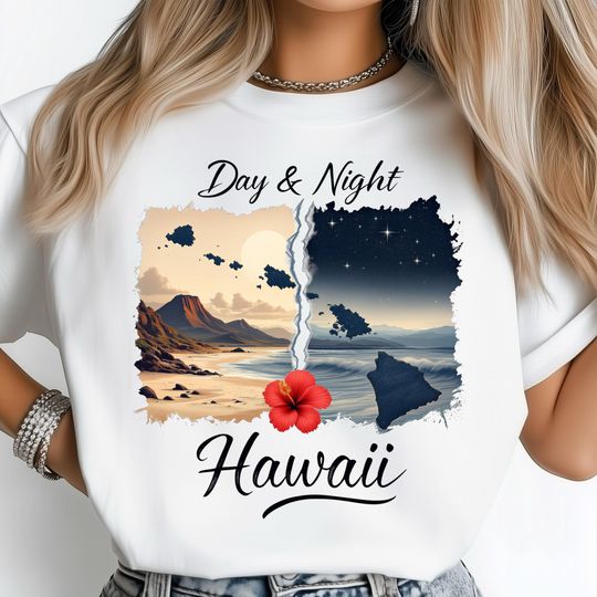 Discover Hawaii T-Shirt, Day And Night Ocean Scene, Island Paradise Poster Art