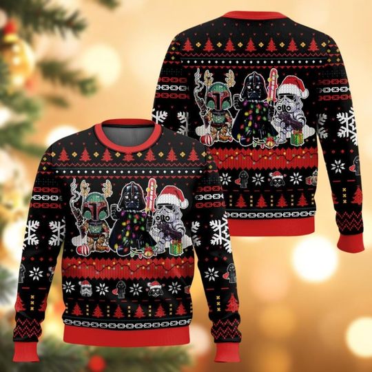 Christmas Star Wars Ugly Sweater, Darth Vader Stormtrooper Boba Fett Sweater, Disney Xmas Sweater, Movie Holiday Sweater For Men Women