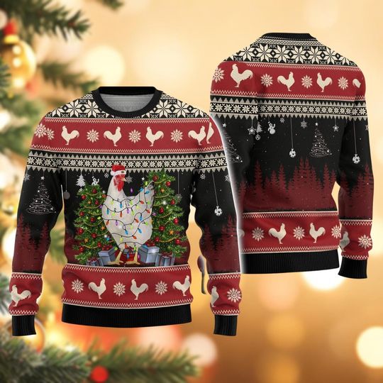 Discover Christmas Chicken Ugly Sweater, Funny Chicken Santa Light Xmas Sweater, Chicken Farm Holiday Sweater For Men Women, Chicken Lover Gift