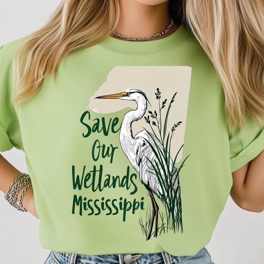 Discover Mississippi Wetlands T-Shirt, Save Our Wetlands Heron Art, State Conservation