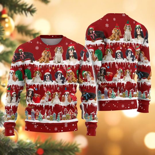Christmas Cavalier King Charles Spaniel Ugly Sweater, Holiday Sweater, Dog Lover Xmas Sweater, Pet Family Sweaters For Women Men Kid