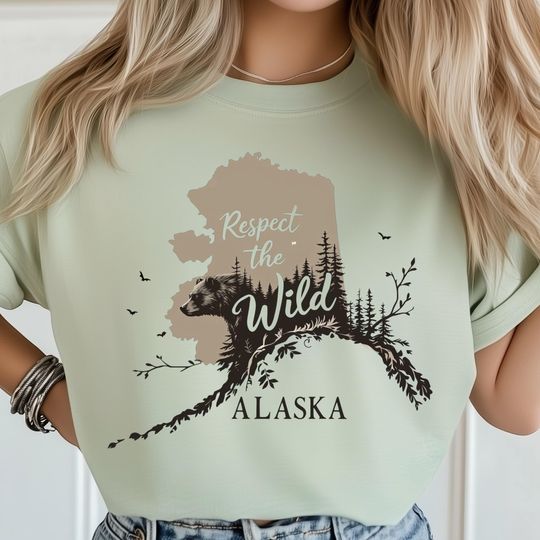 Discover Alaska Respect The Wild T-Shirt, Bear Forest Silhouette Art, Nature Wildlife