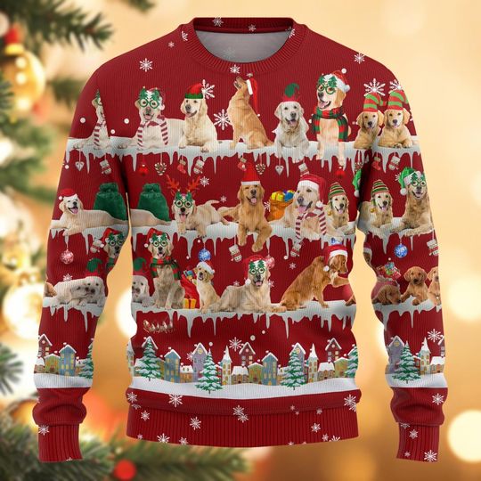 Christmas Golden Retriever Ugly Sweater, Golden Dog Holiday Sweater, Dog Lover Xmas Sweater, Pet Family Sweaters For Women Men Kid