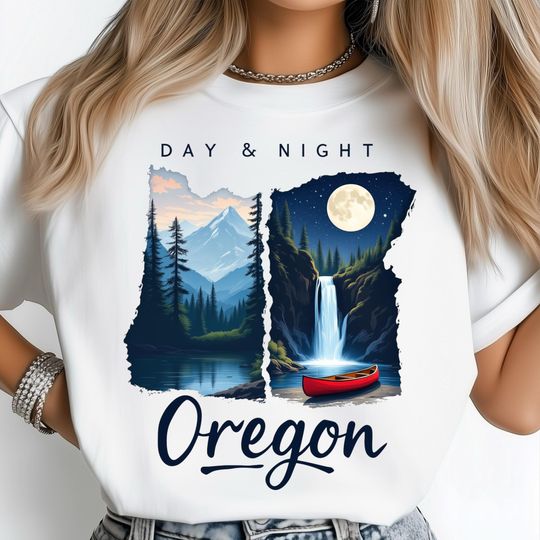 Discover Oregon Day And Night T-Shirt, Scenic Mountain Lake Canoe Art, Nature Travel