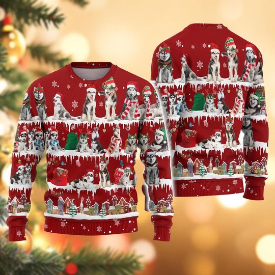 Christmas Husky Ugly Sweater, Dog Lover Holiday Sweater, Husky Dog Xmas Sweater, Pet Owner Christmas Family Sweaters For Women Men Kid