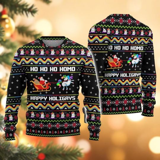 Discover Ho Ho Ho Happy Holigays Ugly Sweater, Santa Claus Christmas Sweater, LGBT Unicorn Sweater, Funny Holiday Sweater, Xmas Party Gifts
