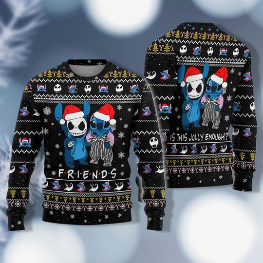 Disney Stitch And Jack Christmas Sweater, Stitch Ugly Sweater, Christmas Friends Sweater, Skellington Shirt, Disney Christmas Shirt