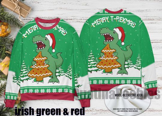 T-Rex And Christmas Tree Cookies Ugly Sweater, Jurassic Park Christmas Sweater, Unisex Funny Sweater for Family, Christmas Ugly Sweater