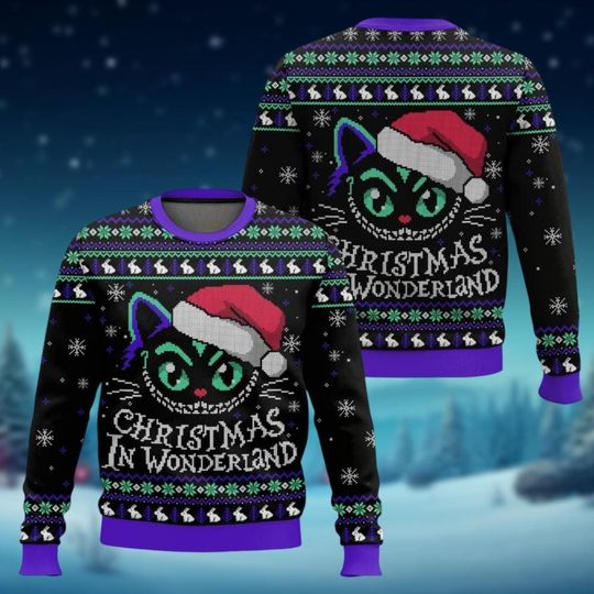 Christmas Cheshire Cat Ugly Sweater, Santa Disney Cat Xmas Sweater, Alice in Wonderland Holiday Shirt, Christmas Gift For Women Men Kid
