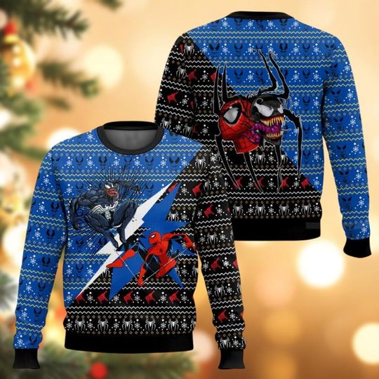 Venom And Spiderman Ugly Sweater, Superhero Christmas Sweater, Movie Sweaters For Men Women Kid, Holiday Sweater, Xmas Family Sweater