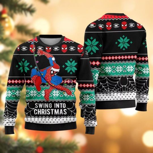 Discover Christmas Spider Man Ugly Sweater, Swing Into Christmas Sweater, Spidermen Xmas Sweater, Spider Movie Holiday Sweater, Disney Sweater