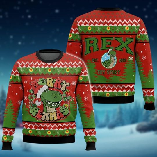 Merry Rexmas Ugly Sweater, Toy Story Rex Christmas Sweater, Funny Santa Dinosaur Xmas Sweater, Disney Pixar Holiday Gift For Women Men