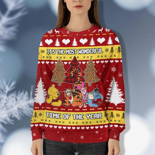 Winne The Pooh Ugly Xmas Sweater, Ugly Christmas Sweater, Disney Pooh Family Sweater, Most Wonderful Time, Womens Christmas Sweater