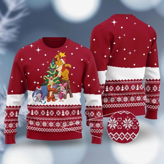 Christmas Winnie The Pooh Tree Christmas Sweater, Christmas Cartoon Sweater, Pooh Bear Shirt, Disney Family Sweater, Ugly Sweater Men
