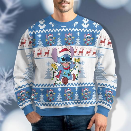 Discover Stitch Christmas Lights Ugly Sweater, Lilo And Stitch Christmas, Disney Ugly Christmas Sweater, Womens Stitch Christmas Sweater