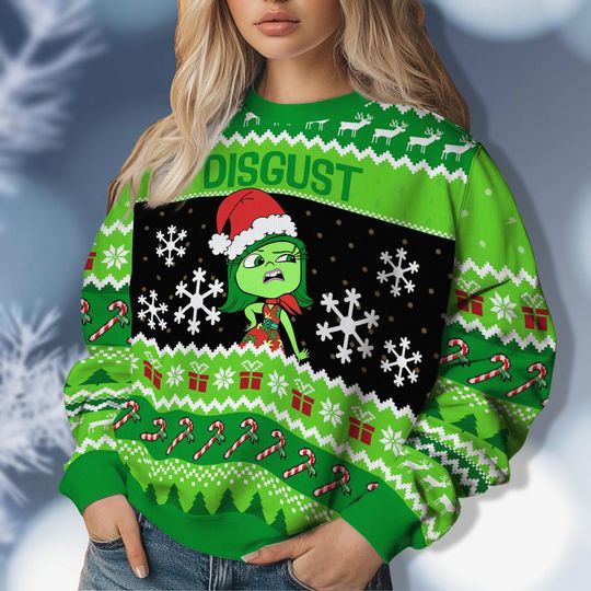 Disgust Inside Out 2 Christmas Ugly Sweater, Disney All Emotions Cartoon Christmas Shirt, Christmas Kids Shirt, Women Holiday Sweater