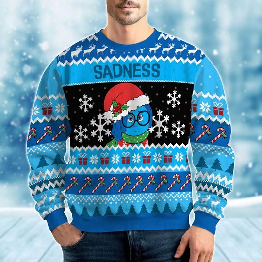 Discover Disney Sadness Ugly Christmas Sweater, Inside Out 2 Holiday Sweater, Disney Feelings Xmas Sweater, Holiday Trip, Gift For Women Men Kid