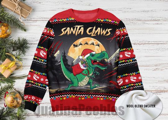 Santa Claws Dinosaur Christmas Sweater, Custom Photo Ugly Xmas Sweater, Funny Jurassic Holiday Sweater, Dinosaur Lover Christmas Gift