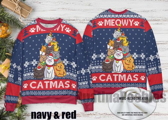 Discover Meowy Christmas Cat Ugly Sweater, Cat  Christmas Ugly Sweater, Funny Cat Lovers Xmas Gifts, Gift For Men Women, Christmas Ugly Sweater