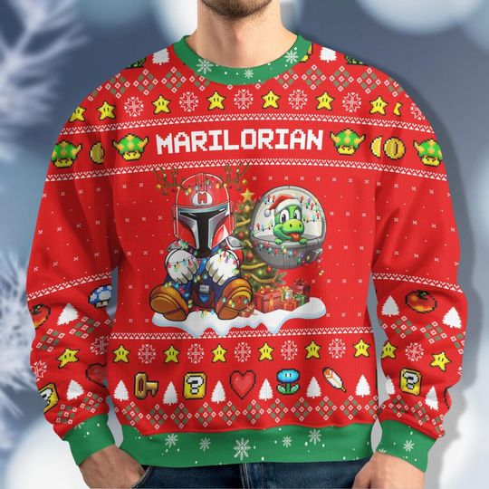 Discover Mario Mandalorian Christmas Ugly Sweater, Star Wars Christmas Sweater, Disney Family Sweater, Winter Christmas Shirt, Holiday Party