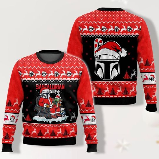 Discover The Mandalorian Yoda Christmas Sweater, Star Wars Christmas Sweater, Long Sleeve Sweater, Star Wars Galaxy Shirt, Ugly Holiday Sweater