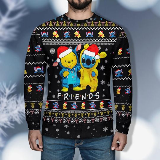 Stitch And Pooh Christmas Ugly Sweater, Merry Christmas Stitch Sweater, Kids Disney Christmas Sweater, Winnie The Pooh Christmas Shirt