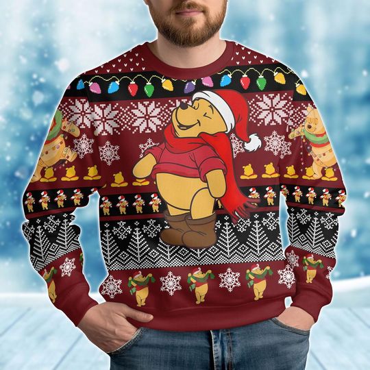 Christmas Pooh Ugly Sweater, Winnie The Pooh Xmas Sweater, Pooh Bear Holiday Sweater, Christmas Lights Shirt, Disney Xmas Party Gift