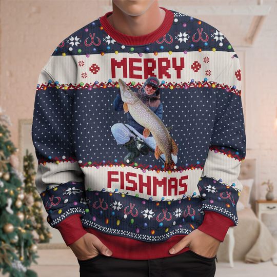 Custom Photo Christmas Ugly Sweater, Gift For Dad Family Photo Ugly Sweater Christmas Gifts Ugly Sweater, Go Fishing Lover, Merry Fishmas