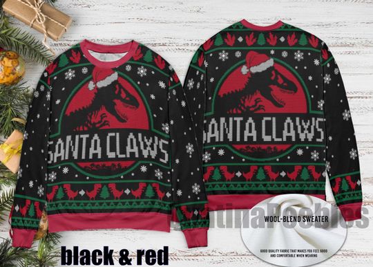 Santa Claws Dinosaur Christmas Sweater, Custom Photo Ugly Xmas Sweater, Funny Jurassic Holiday Sweater, Dinosaur Lover Christmas Gift