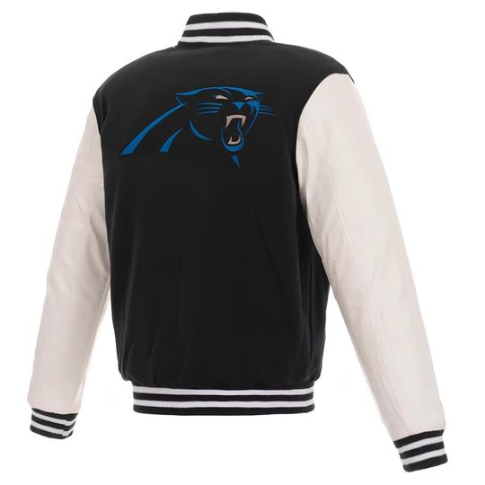 Carolina Panthers Varsity Jacket: Black Fleece & White Leather Sleeves