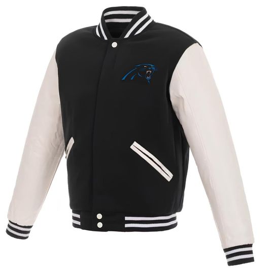 Carolina Panthers Varsity Jacket: Black Fleece & White Leather Sleeves