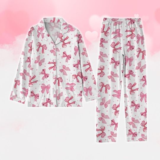 Pink Bow Coquette Pajamas Set, Ribbon Holiday Pajamas, Pink Pajamas Set, Bow Tie Bridesmaid Pajamas Set