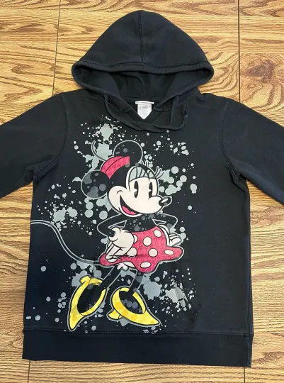 Disney Parks Womens L Hoodie Minnie Mouse 3-D Graphic Black Pullover Sweatshirt