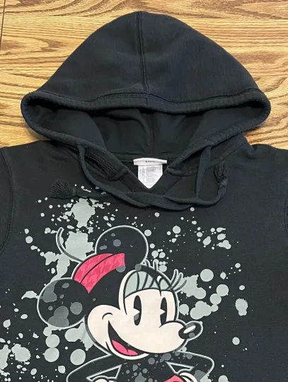Disney Parks Womens L Hoodie Minnie Mouse 3-D Graphic Black Pullover Sweatshirt