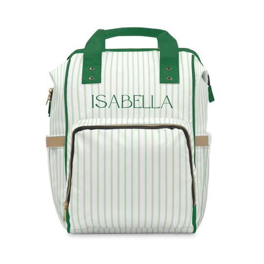 Green Striped Multifunctional Backpack / Diaper Backpack / Monogrammed School Bag Hospital Bag Personalized Gift