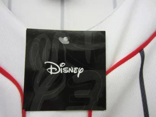New Mickey Mouse #28 Baseball Jersey White Button Pinstriped Disney Store Mens L