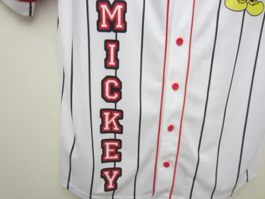 New Mickey Mouse #28 Baseball Jersey White Button Pinstriped Disney Store Mens L