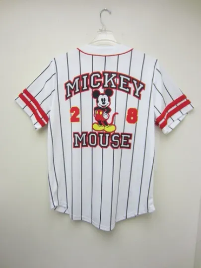 New Mickey Mouse #28 Baseball Jersey White Button Pinstriped Disney Store Mens L