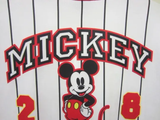 New Mickey Mouse #28 Baseball Jersey White Button Pinstriped Disney Store Mens L