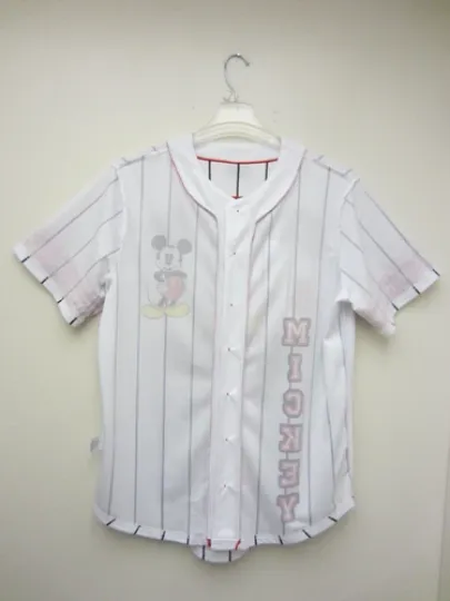 New Mickey Mouse #28 Baseball Jersey White Button Pinstriped Disney Store Mens L