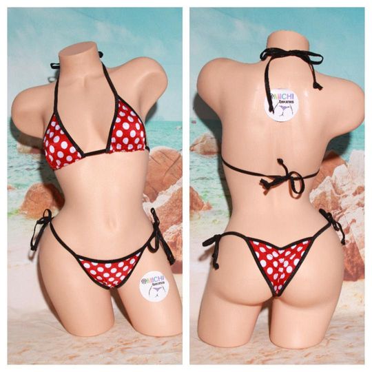 Red with White Polka Dots with Black Trim Medium Coverage Top Scrunch Butt String Bikini 2 Piece Set One Size