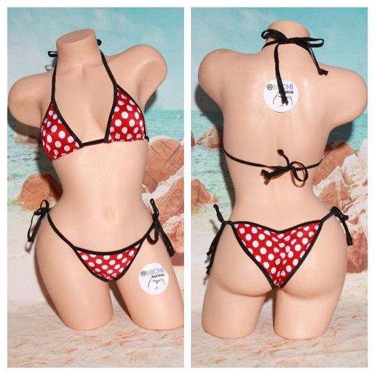Red with White Polka Dots with Black Trim Medium Coverage Top Scrunch Butt String Bikini 2 Piece Set One Size