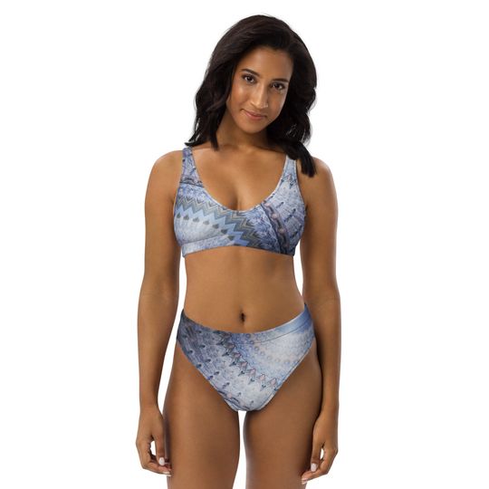 Blue women's two piece swimsuit with a modern blue design