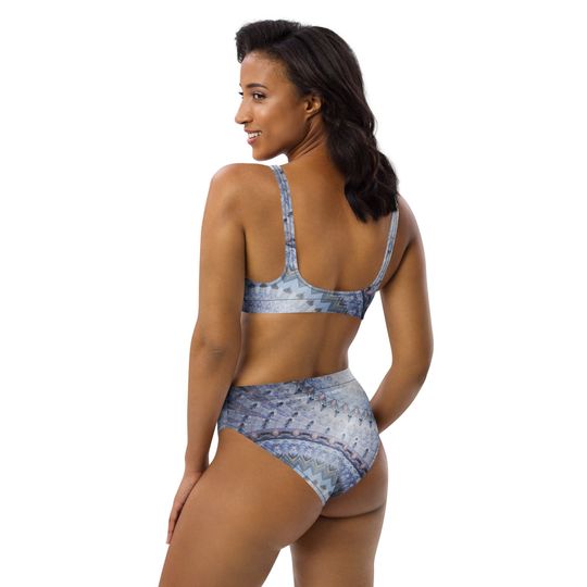 Blue women's two piece swimsuit with a modern blue design
