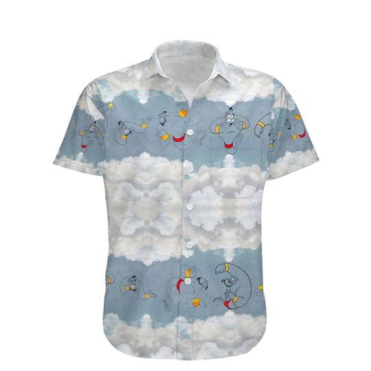 Genie Aladdin Gray Blue Cloud Pattern Disney Hawaiian Shirt