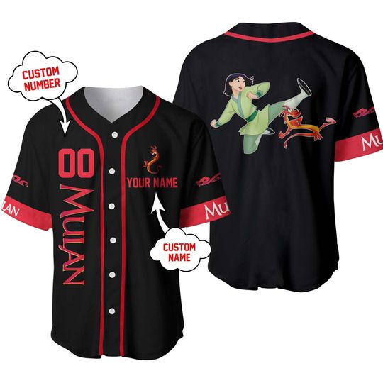 Mulan & Mushu Dragon Black Red Disney Baseball Jersey